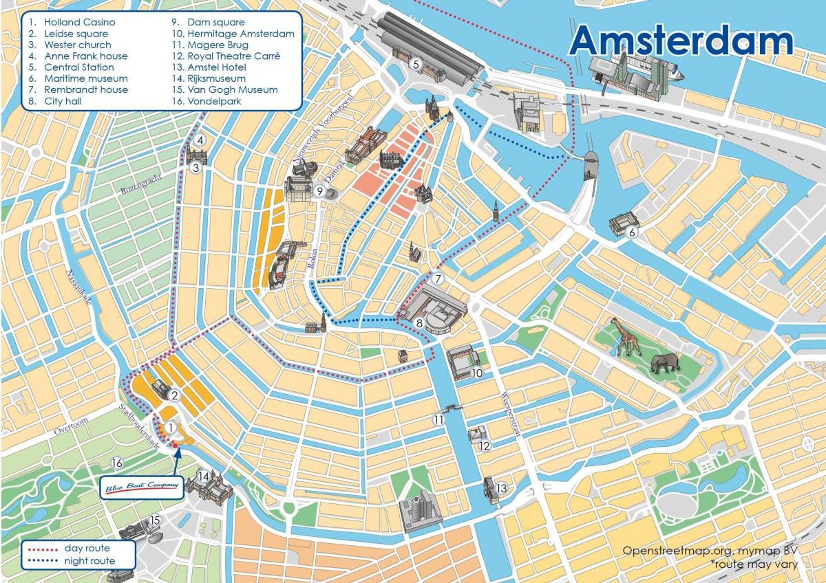 la carte de Amsterdam en bateau sur le canal de l'itinéraire