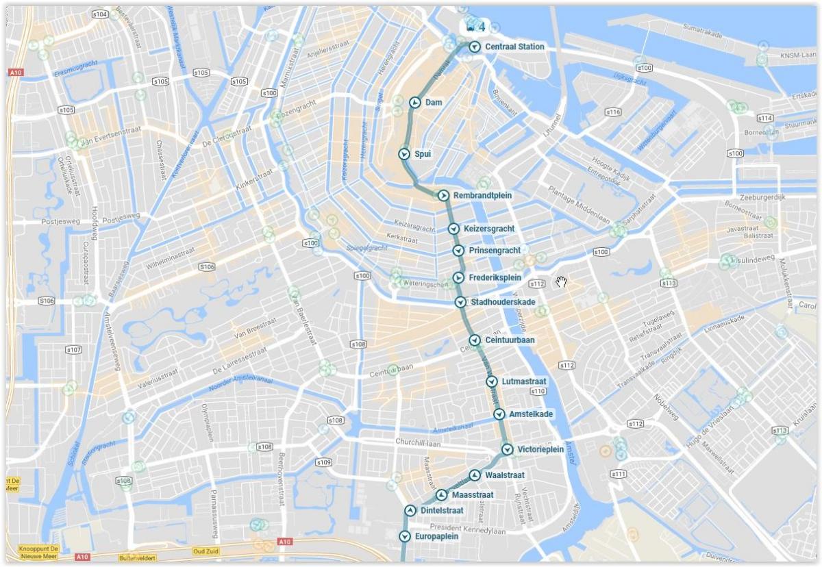 Amsterdam tram 4, la carte de l'itinéraire