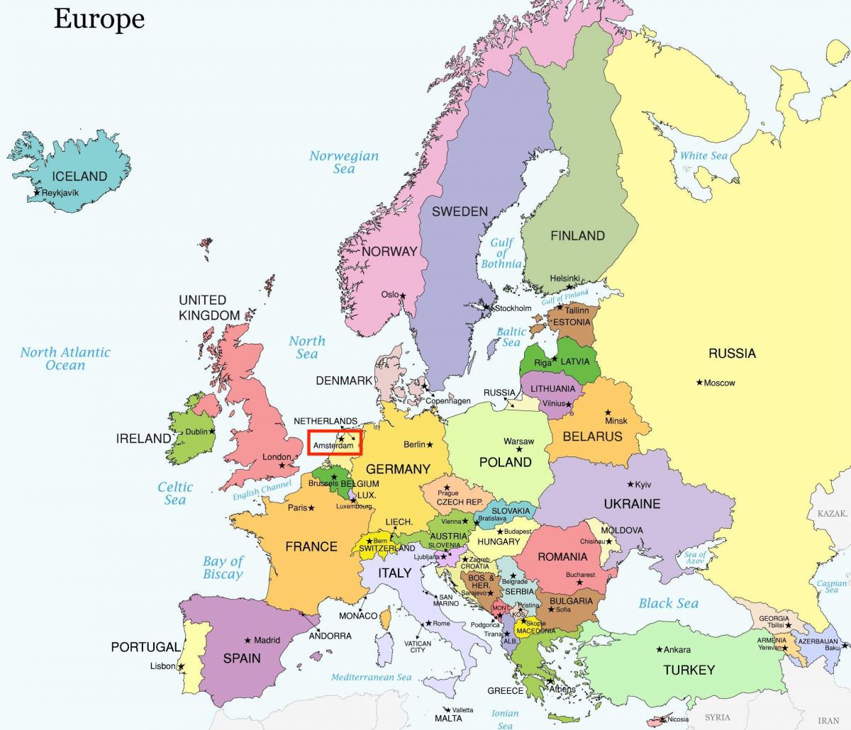 Amsterdam sur la carte de l'europe