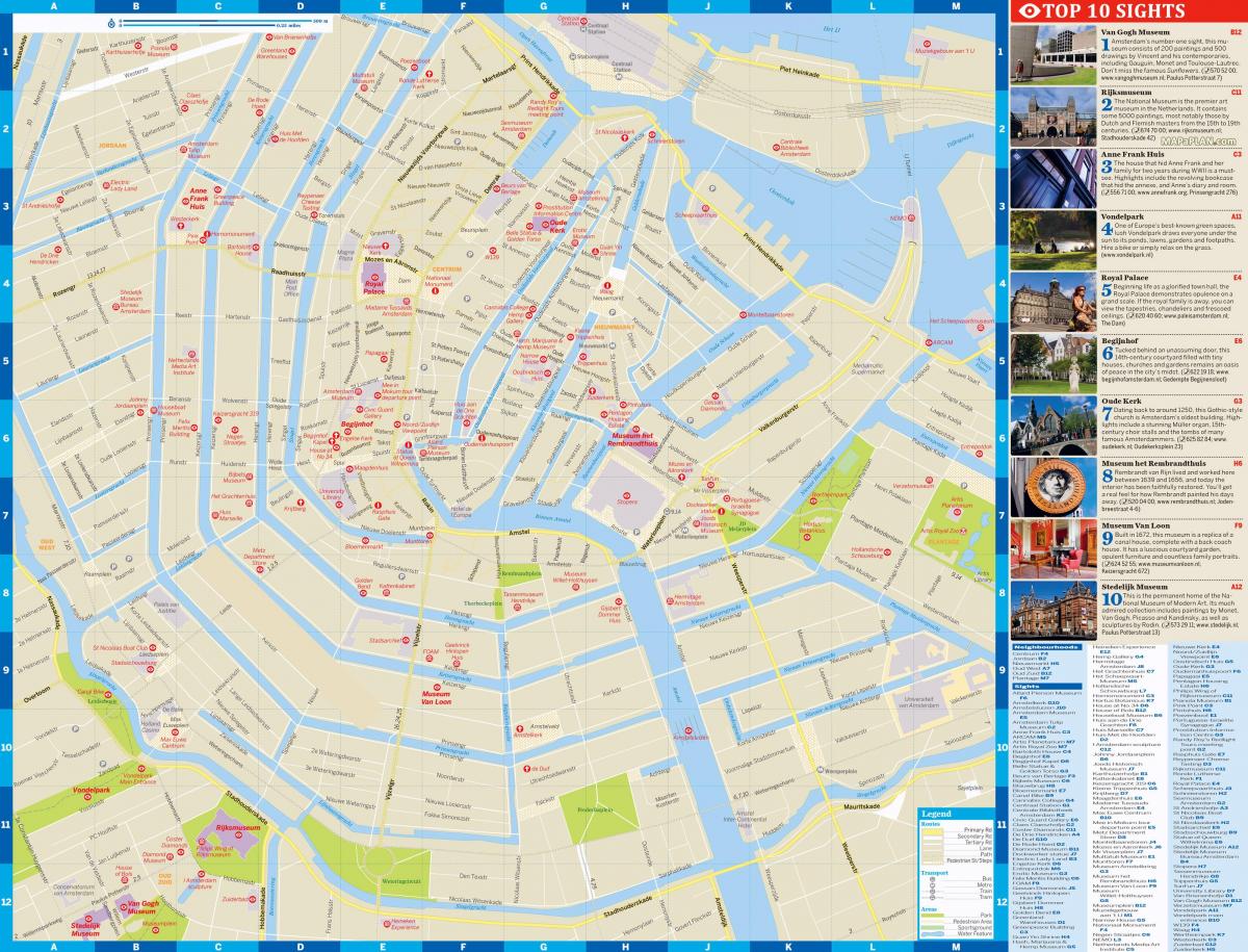 Amsterdam, carte de la ville avec des attractions touristiques