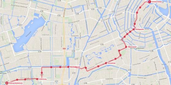 tram 2 Amsterdam la carte de l'itinéraire